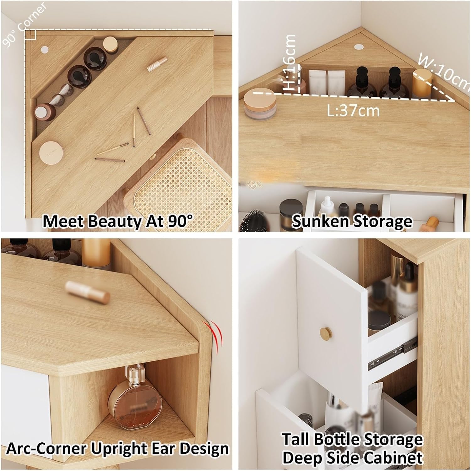 Corner Vanity Desk Set Wood Dressing Table with Drawer & Open Shelves Makeup Table for Small Room Solid Construction(Brown,50cm Without Mirror)