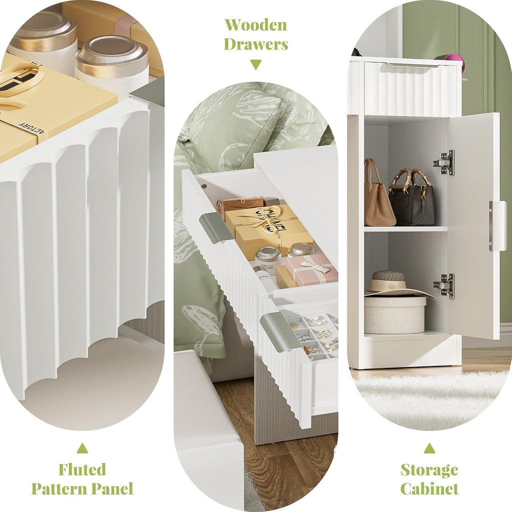 Cyclysio Fluted Vanity Desk with Mirror and Lights, Wood Makeup Vanity Desk with Power Strips, Modern Dressing Table with Drawers & Cabinet for Bedroom, White