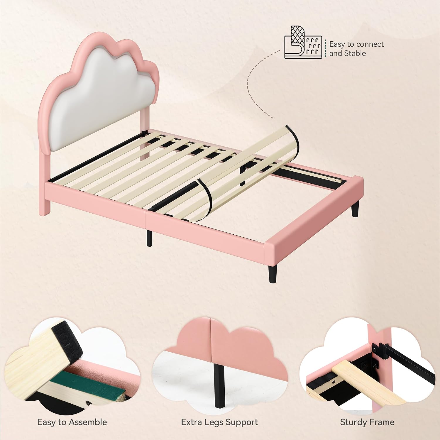 YITAHOME Twin Size Bed Frame, LED Bed with PU Faux Leather Adjustable Cloud Headboard, Platform Upholstered Bed Frame with Wooden Slats Support, No Box Spring Required, Easy Assembly, Pink