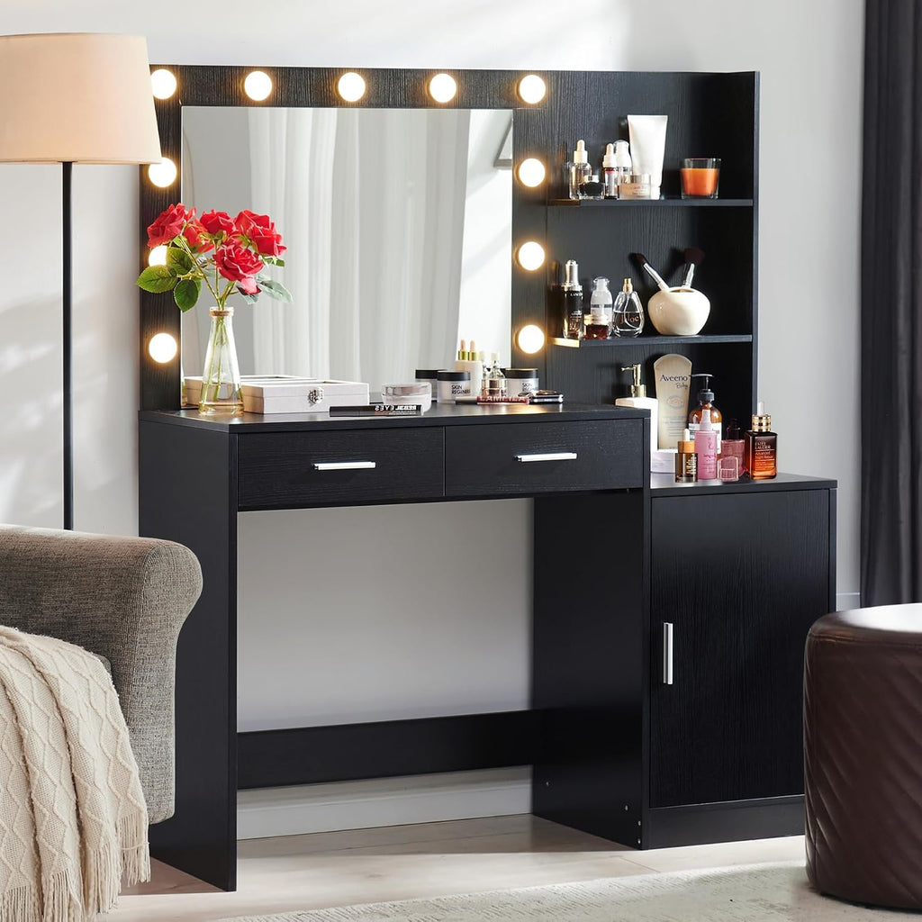 MIRROTOWEL 46.7' Vanity Desk with Mirror & LED Lights, Dressing Table with 2 Large Drawers & Vertical Organizer, 3-Tier Storage, 3 Adjustable Lighting Modes, Makeup Desk for Bedroom