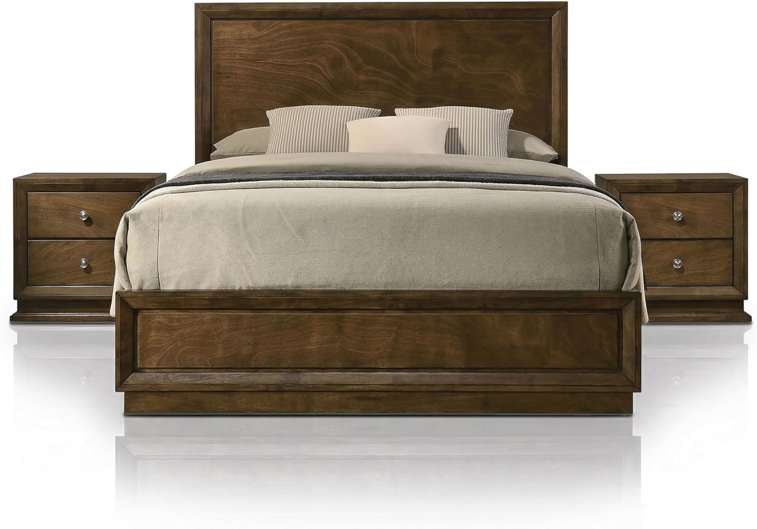 Furniture of America Extan Modern Solid Wood 3-Piece Bedroom Set with Beveled Corner, Metal Center Glide, Zinc Iron Bronze Knobs, Box Spring Needed, Twin, Walnut