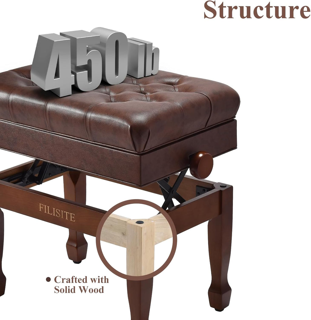 Adjustable Height Piano Bench with Storage, Heavy Duty Solid Wood Piano Stool Keyboard Bench with PU Leather Padded Cushion(Wood)