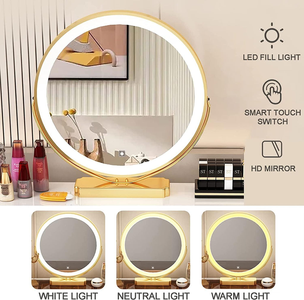 Rieort Vanity Table Led Vanity Mirror Makeup Vanity Set with Cushioned Stool Vanity Benches Stainless Steel Legs Dressing Table