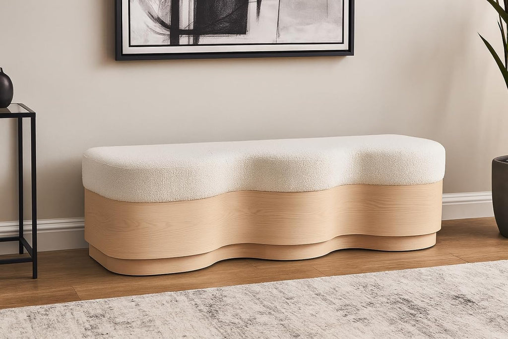 Meridian Furniture 22080Cream Savoy Collection Art Deco Bench with Soft Cream Velour Fur Fabric, Rich Natural Finish, Mix of Solid Wood & MDF, 60' W x 18.5' D x 18.5' H, Cream