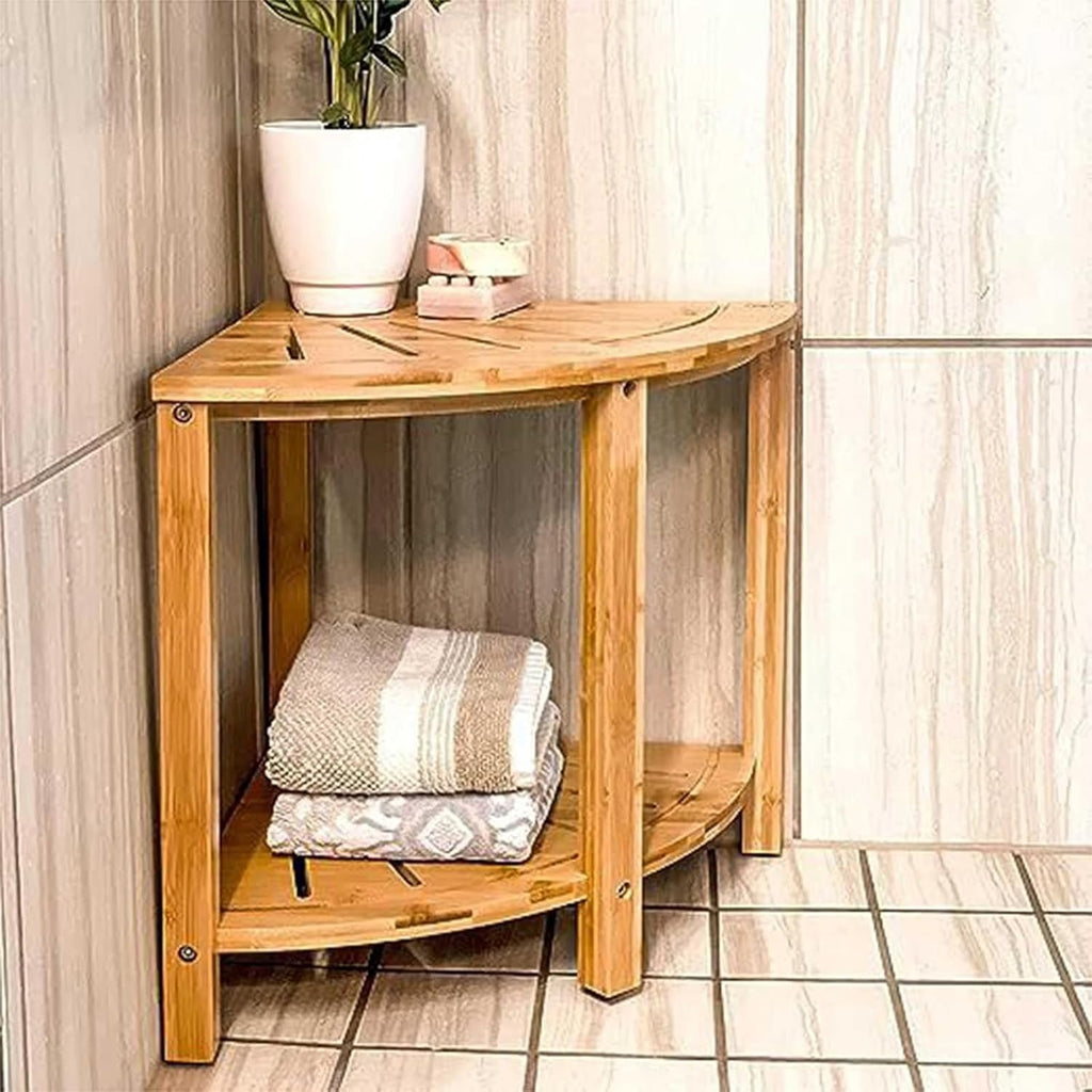 Bamboo Shower Bench with Storage Shelf Waterproof Corner Shower Stool for Shaving Legs Compact Size (15 * 13in)