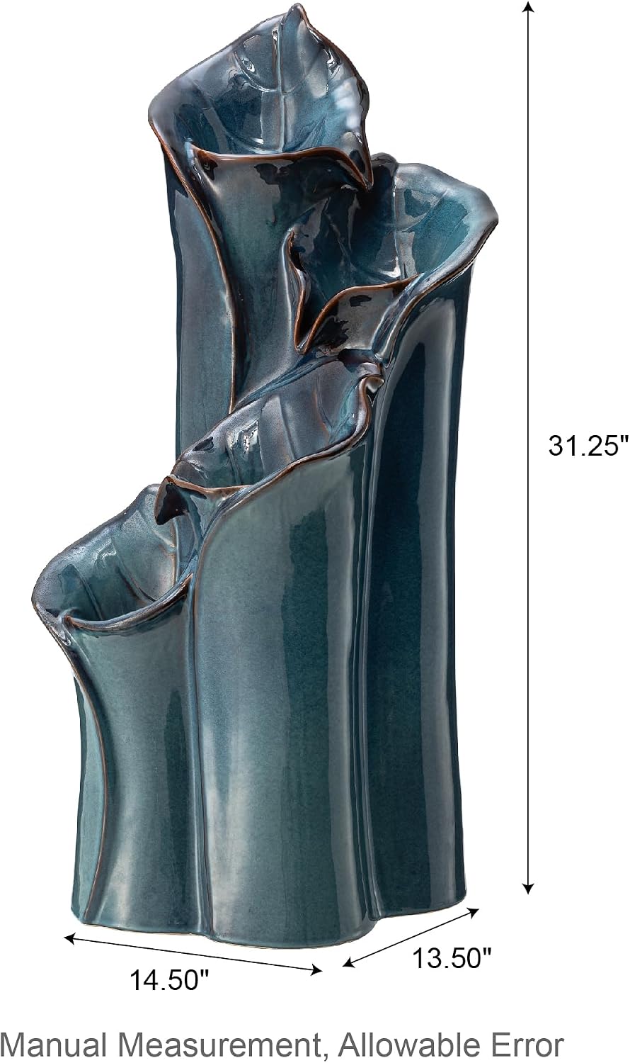 Glitzhome 31.25' H Outdoor Water Fountain with LED Lights and Pump, 4 Tier Turquoise Lotus Leaf Textured Ceramic Floor Standing Fountain, Vase Waterfall Fountains for Porch Deck Garden Patio Backyard