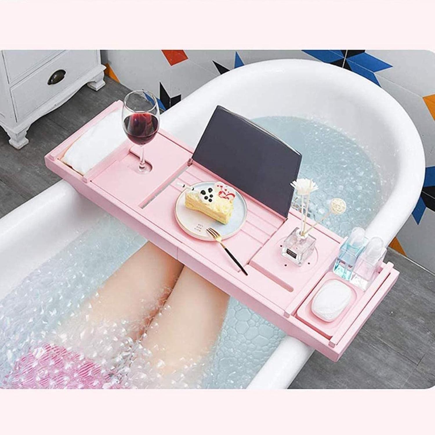 Bamboo Bathtub Caddy Tray with Glass Holder Expandable Design for Most Bathtubs Sturdy Stylish and Pink 75 110 * 23 * 5cm