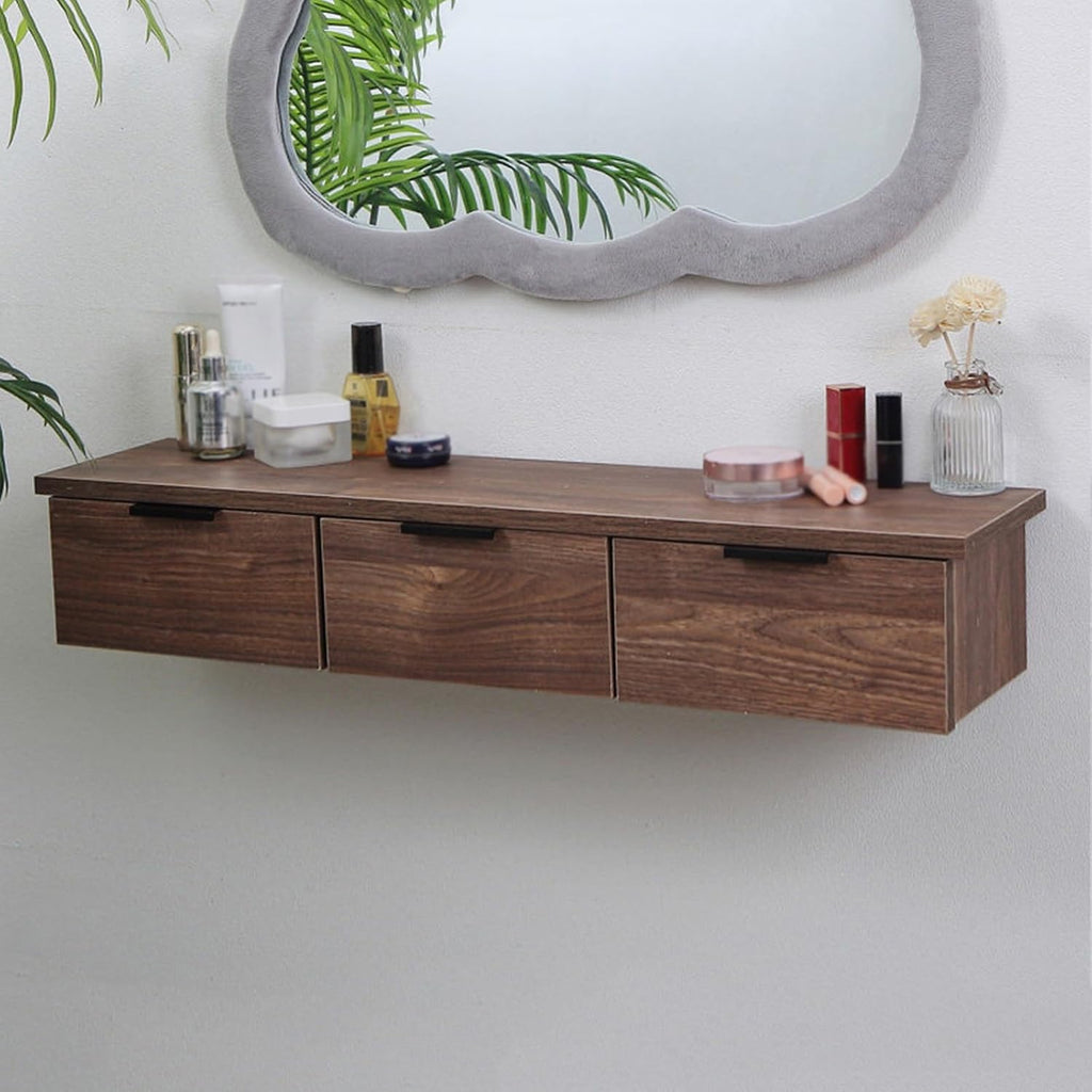 80cm Floating Vanity Makeup Table with 3 Drawers, Wall-Mounted Wood Makeup Desk, Modern Corner Space-Saving Desk or Nightstand, for Bedroom(D)