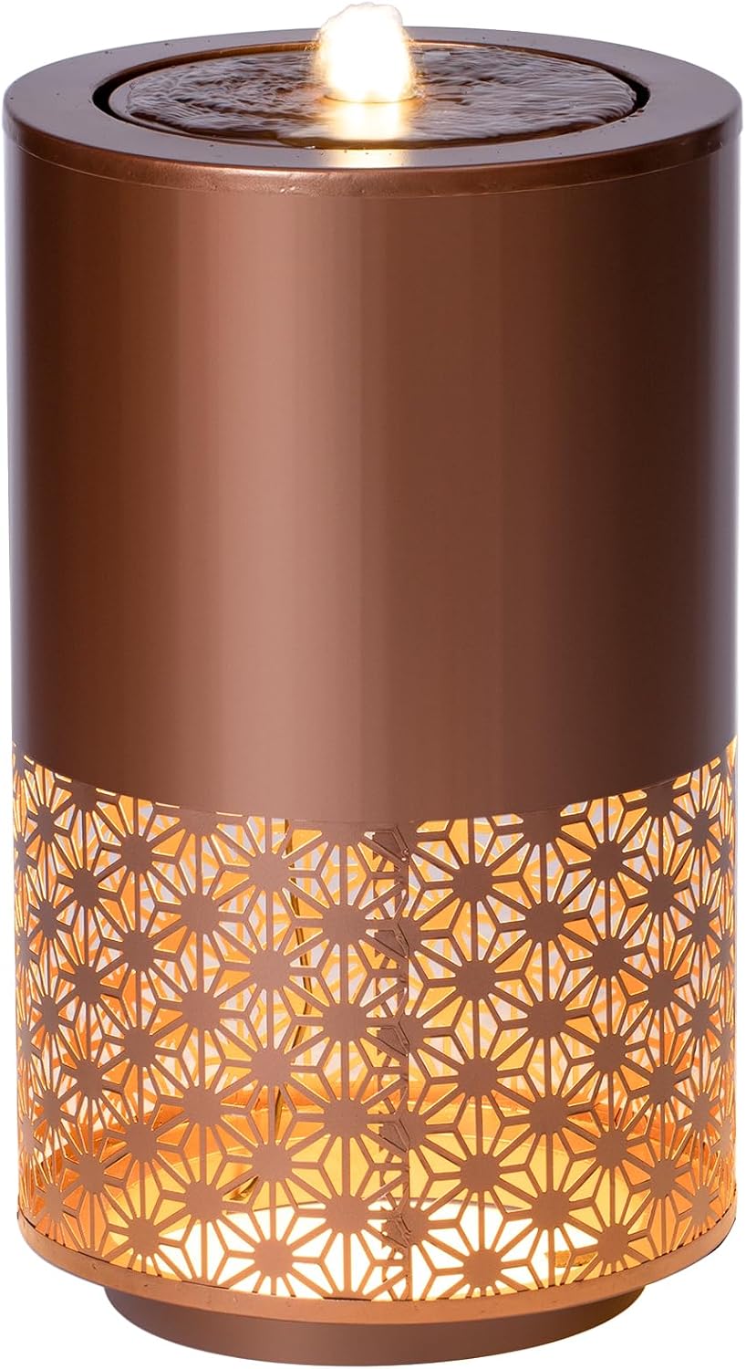 Merax 20.87' H Brown Metal Cutout Outdoor Water Fountain with LED Lights, Modern Freestanding Candle Style Water Feature for Patio Backyard Decor