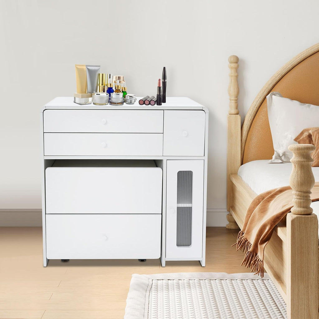 Vanity Desk,Makeup Vanity Desk with 4 Drawers,Storage Bench,Makeup Vanity Table for Compact Space,The Soft with The Soft Stool,Dressing Table for Homes,Apartments (Creamy White)