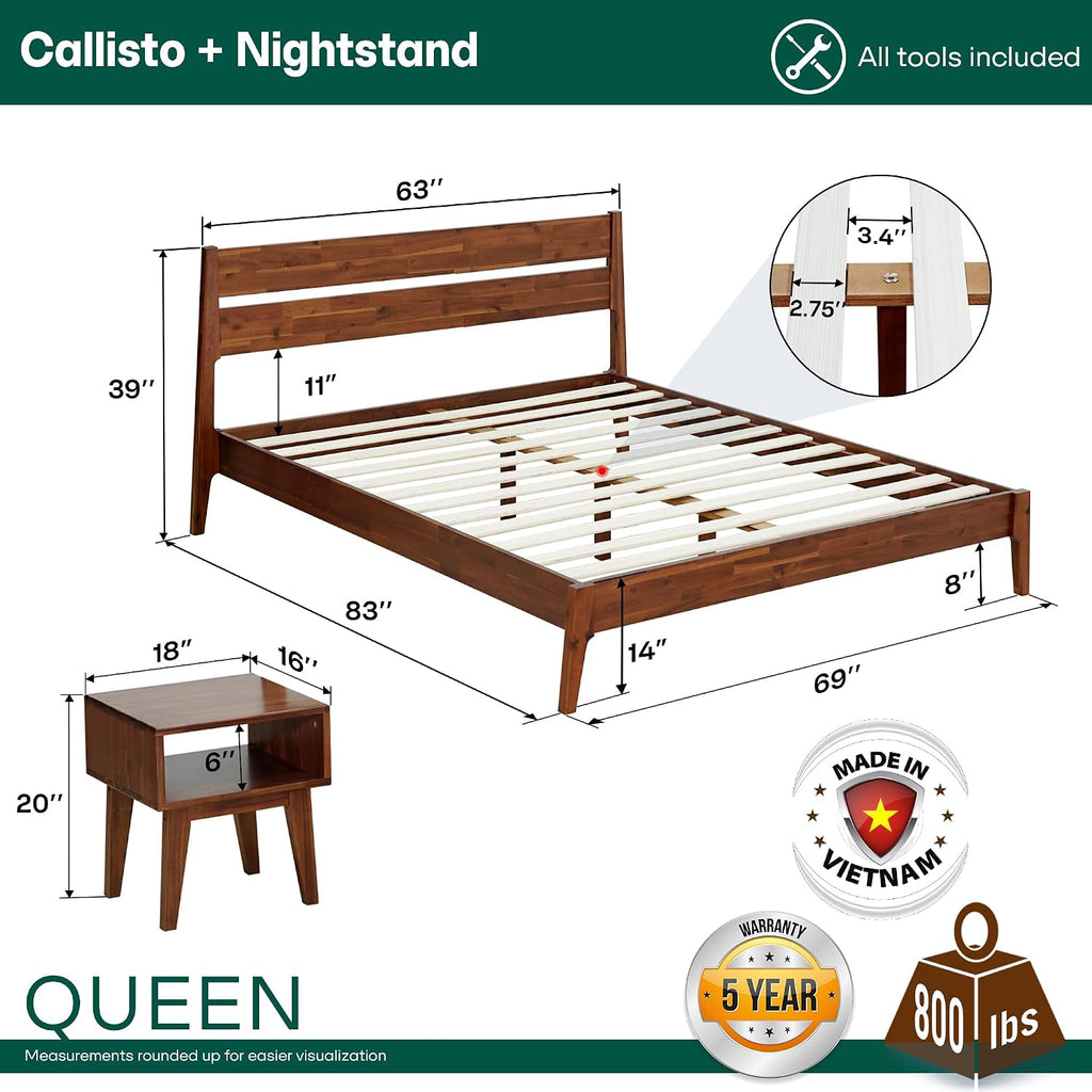 Acacia Callisto Queen Solid Wood Platform Bed Frame with Headboard – Gift Matching Nightstand Included, Mid-Century Modern, Walnut Finish, No Box Spring Needed, Sturdy, Easy Assembly