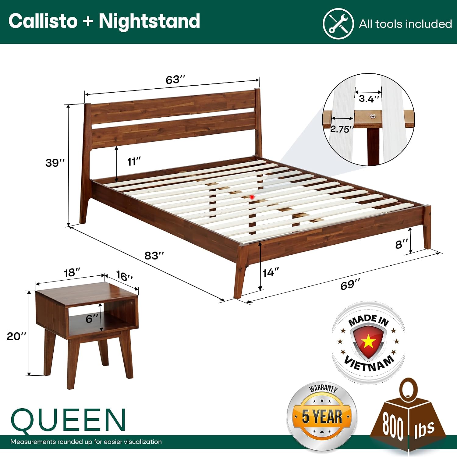 Acacia Callisto Queen Solid Wood Platform Bed Frame with Headboard – Gift Matching Nightstand Included, Mid-Century Modern, Walnut Finish, No Box Spring Needed, Sturdy, Easy Assembly