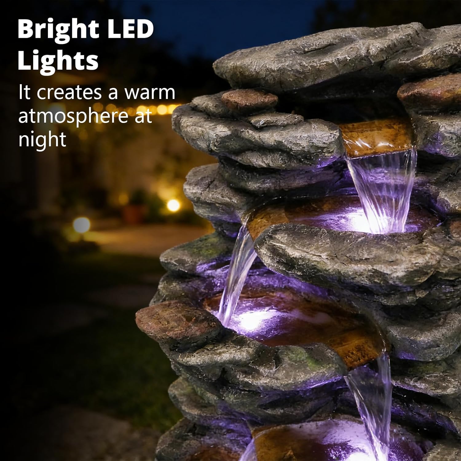Naturefalls 40inches High Outdoor Rock Water Fountain with LED Lights - 6-Tiers Poly-Resin Cascading Waterfall Fountain for Garden, Patio, Yard, Home Decor