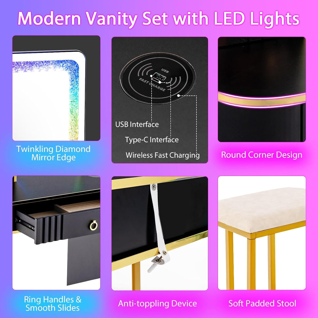 CHARMAID RBG LED Makeup Vanity Table, Colorful Lighted Mirror, 7 Dynamic & 7 Static Modes, 3-Drawer Chest, 3 Shelves, Large Drawer, Girls Vanity Desk Dressing Table with Stool