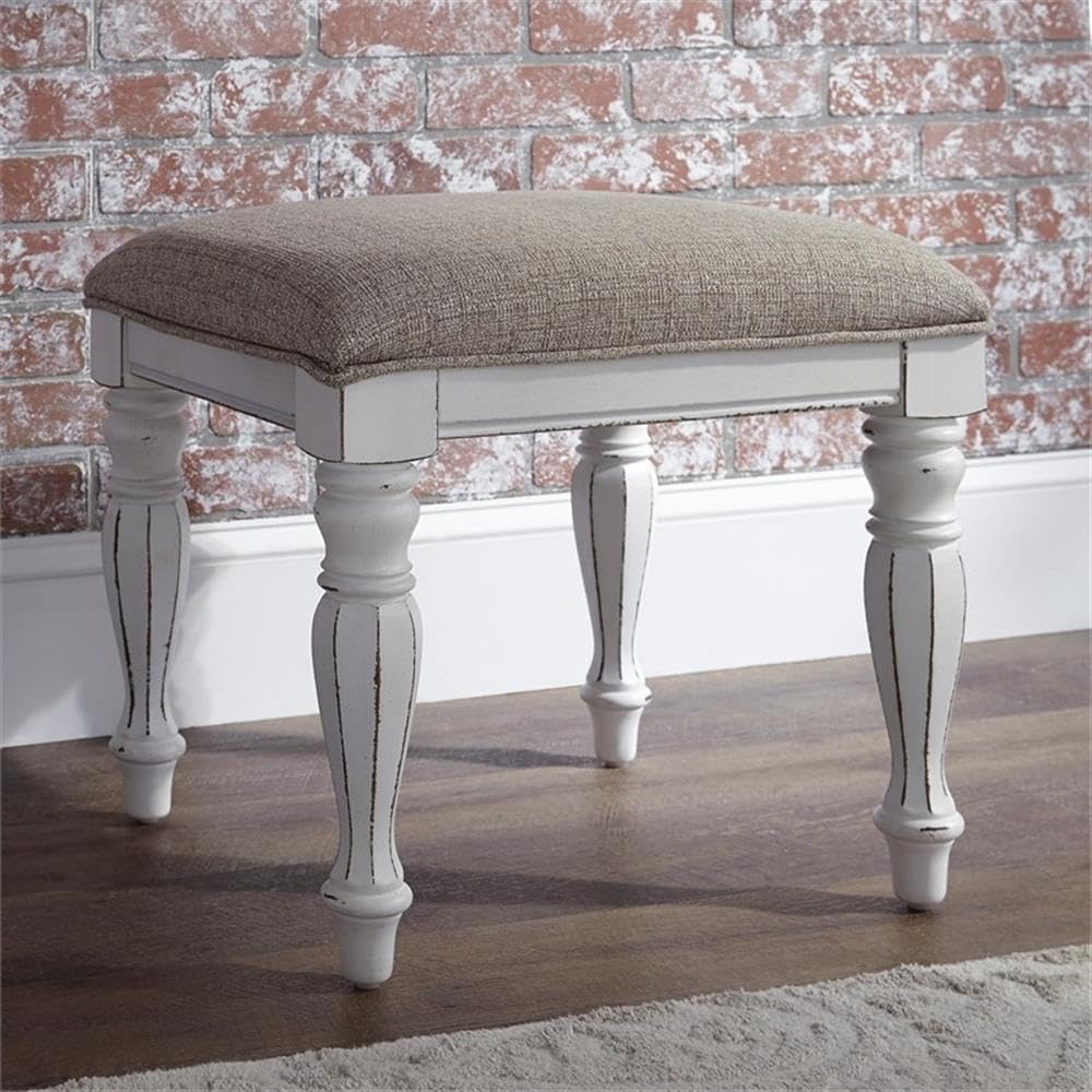 BOWERY HILL Modern Wood Vanity Stool, Antique White Finish, Ivory Tweed Chenille Upholstery, Turned Faceted Legs, Bedroom Accent Chair, 18.5 in Seat Height, Indoor Use