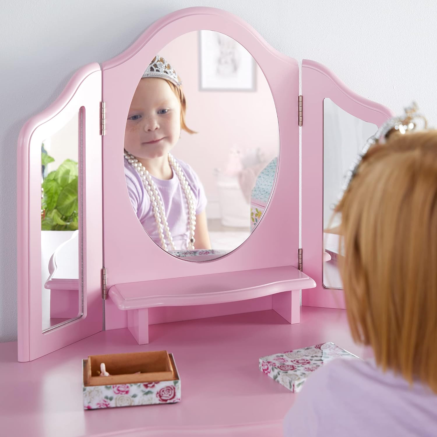 Guidecraft Pink Vanity and Stool Set for Kids Age 3-8, Pretend Play Makeup Table with Mirrors and Chair for Girls, Wooden Princess Toy Vanity Desk Playset with Storage Drawer