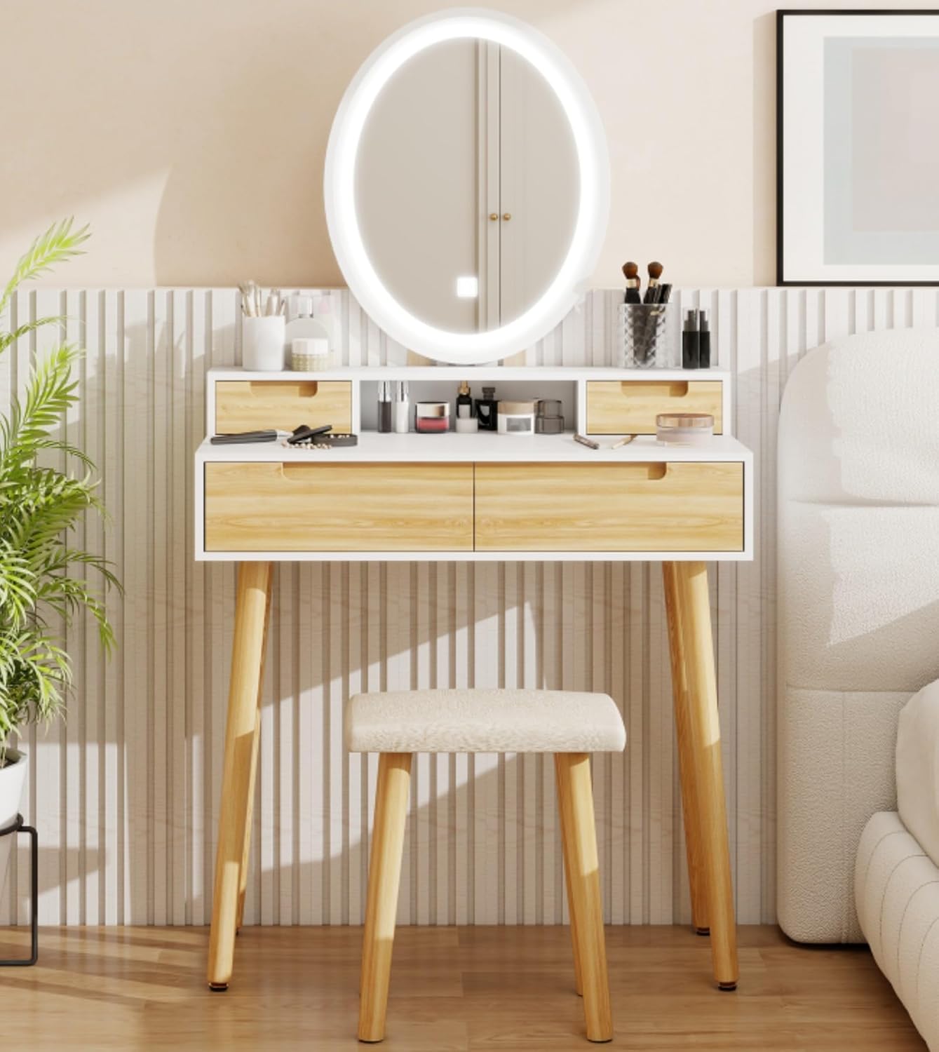 YOURLITE Makeup Vanity Desk with Lights, Small Vanity with Adjustable Brightness Mirror for Small Spaces, Dressing Table with Drawers (31.5', Oval Mirror Wood)