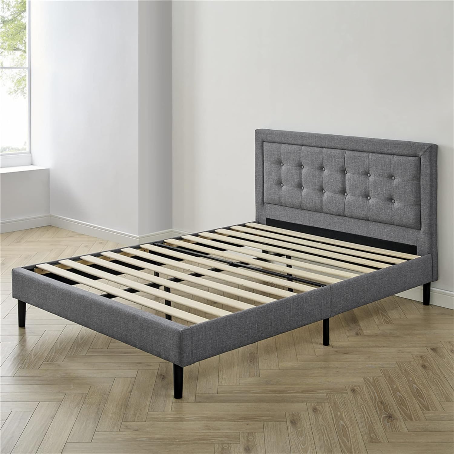 Decoro Mornington 2.0 Upholstered Platform Bed | Headboard and Metal Frame with Wood Slat Support, Grey, Queen Size