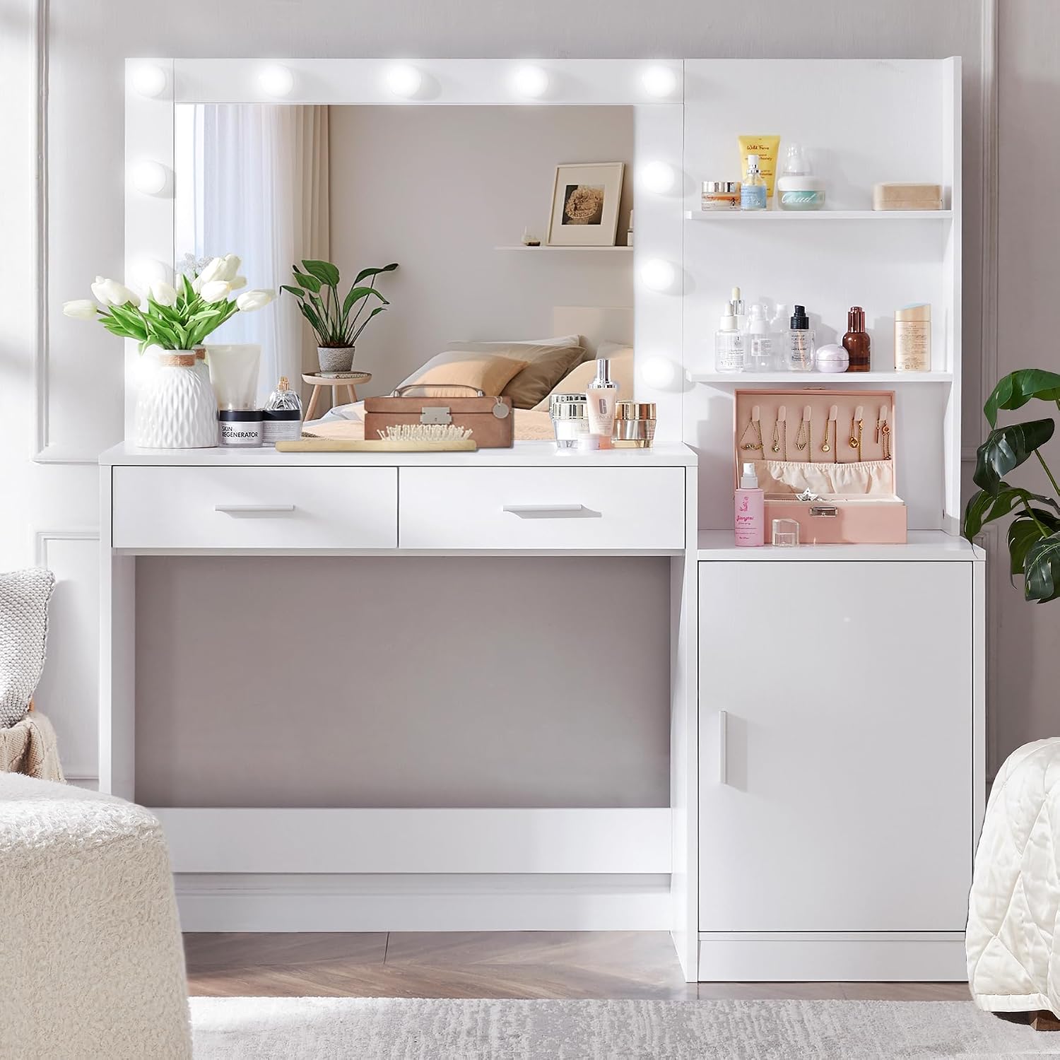 MIRROTOWEL 46.7' Vanity Desk with Mirror & LED Lights, Dressing Table with 2 Large Drawers & Vertical Organizer, 3-Tier Storage, 3 Adjustable Lighting Modes, Makeup Desk for Bedroom