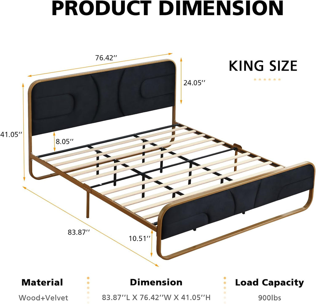 VELOCAVA Rounded Metal Upholstered Bed King with Unique Headboard, Soft Velvet Platform Bed Storage Supported by Metal Base and Wooden Slats, No Box Spring Needed,Gold & Black