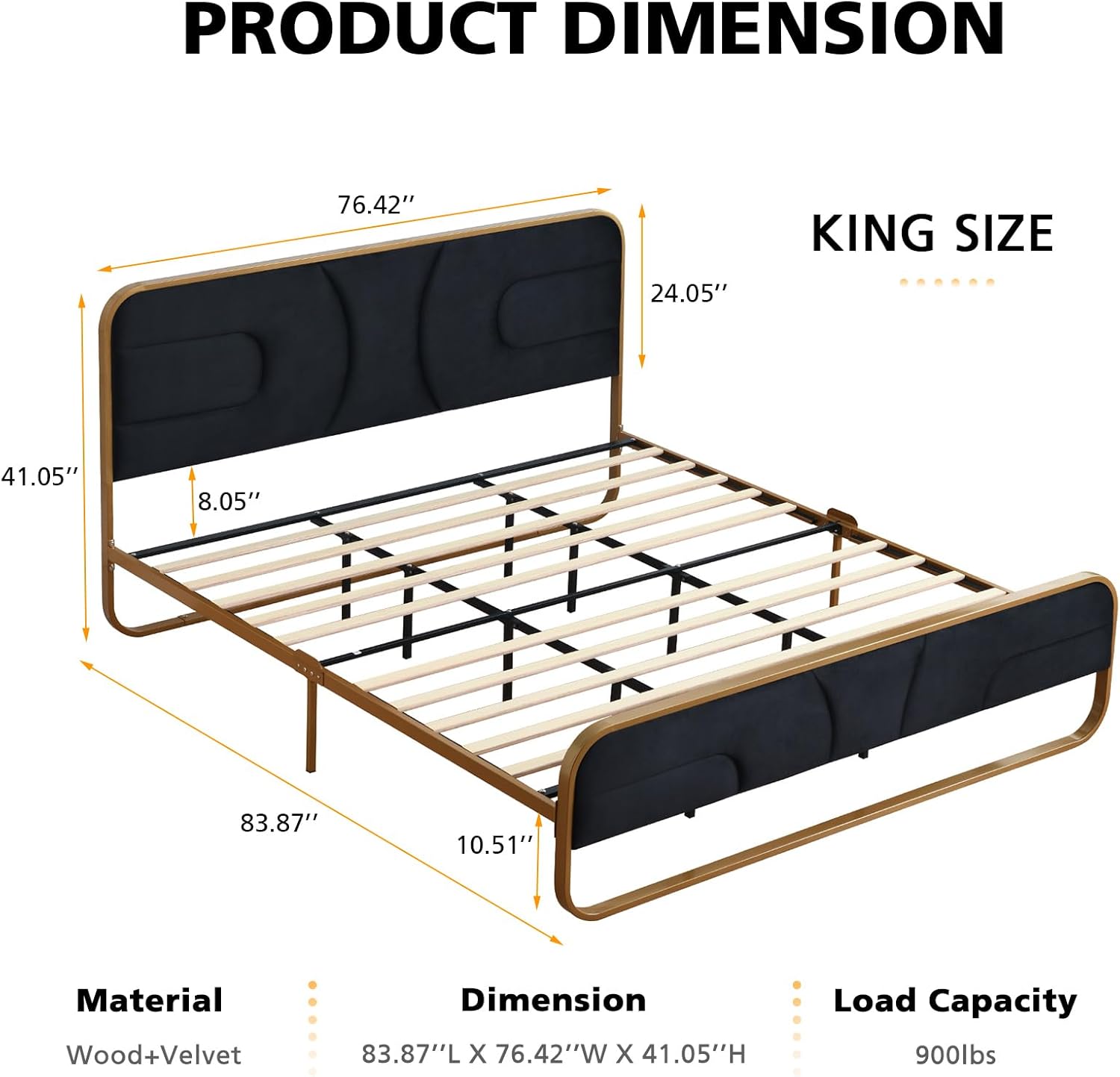 VELOCAVA Rounded Metal Upholstered Bed King with Unique Headboard, Soft Velvet Platform Bed Storage Supported by Metal Base and Wooden Slats, No Box Spring Needed,Gold & Black