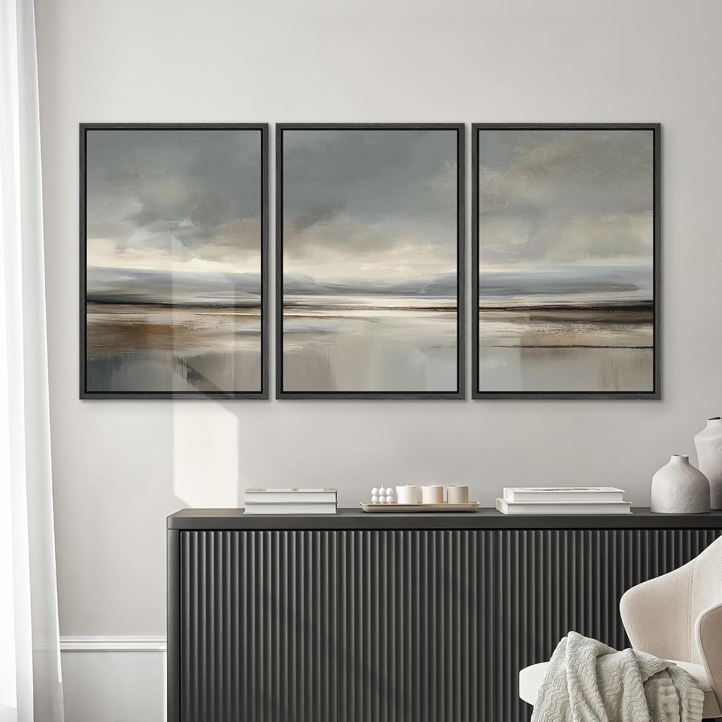 SIGNWIN Framed Canvas Print Wall Art Set Neutral Coastal Horizon Landscape Minimalist Seascape and Sky Illustrations Modern Art Decorative Rustic for Living Room, Bedroom, Office - 24'x36'x3 Black