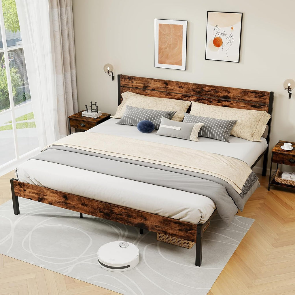 GOFLAME King Size Bed Frame, Metal Platform Bed with Under-Bed Storage Space & Slatted Headboard, Industrial Bed Base, No Box Spring Needed Mattress Foundation, Rustic Brown