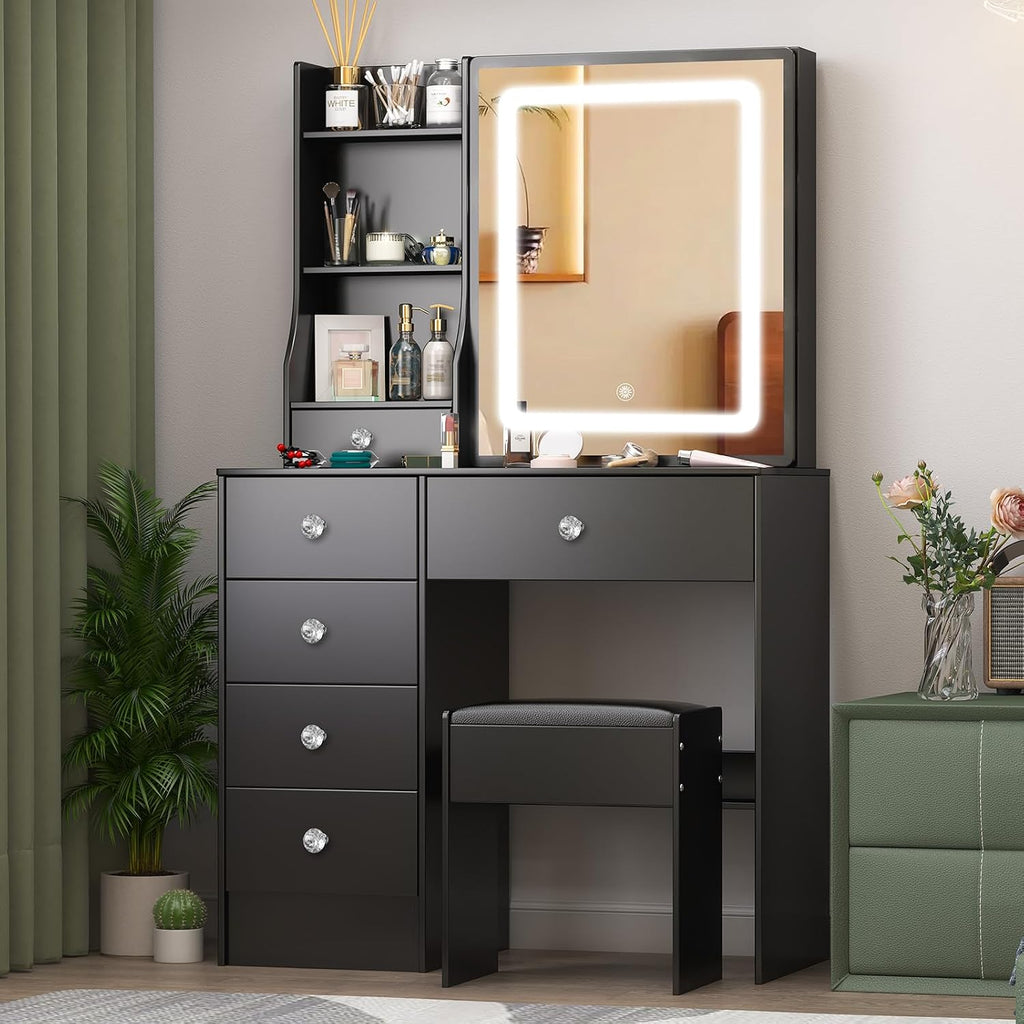 Black Vanity Desk with Sliding Mirror and Lights, Vanity Table with 6 Drawers and Cabinet, Small Vanity Set with Chair Stool, 3 Modes Adjustable LED Sliding Mirror, Vanity for Bedroom