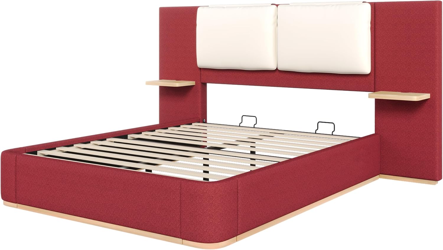 Luxury Bed Frame with Nightstands Modern Bedroom Set, Red Queen Size Floor Platform Bed with Oversize Soft Upholstered Tall Headboard Bedframe, No Box Spring Needed (Red, Queen)