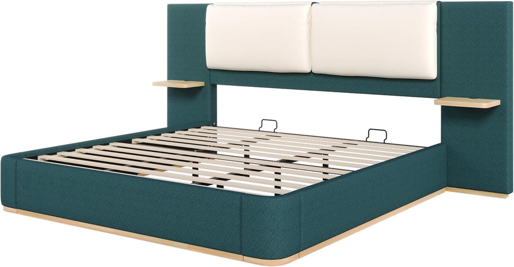 Green Bed Frame with Soft Upholstered Storage Tall Headboard, King Size Floor Platform Bed Frames, Anti-Collision Curved Footboard Bedroom Sets,No Box Spring Needed (Green, King)