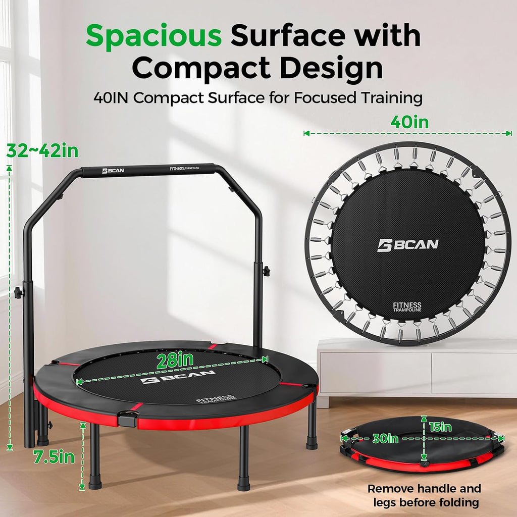 BCAN SP2 40/48' Foldable Mini Trampoline Max Load 330lbs/440lbs, Fitness Rebounder with Adjustable Foam Handle, Exercise Trampoline for Adults Indoor/Garden Workout | FED Fitness