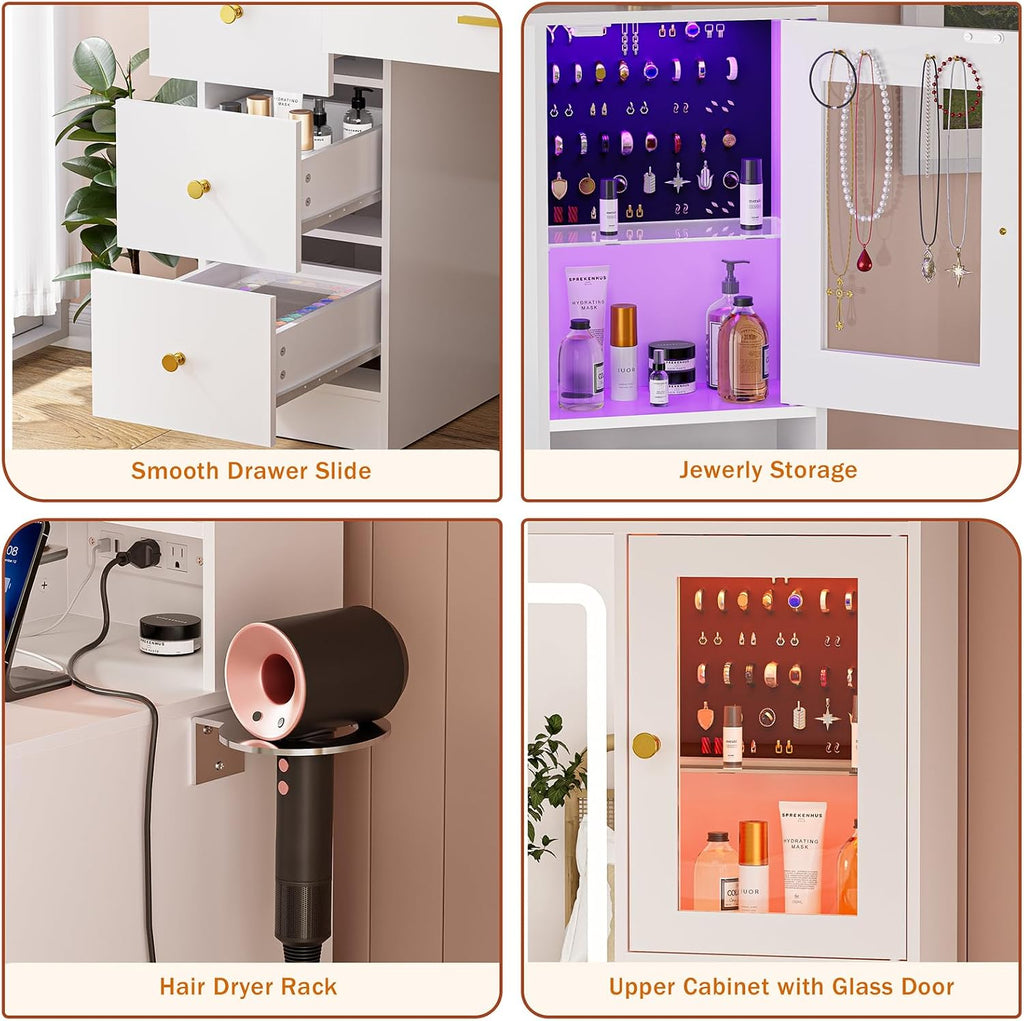 LAKEMID White Makeup Vanity Desk with Mirror and Lights,Make Up Vanity Table with Lighted Mirror 7 Drawers, Modern Vanity with Power Outlet RGB Cabinets,Dressing Table for Bedroom Women Girls