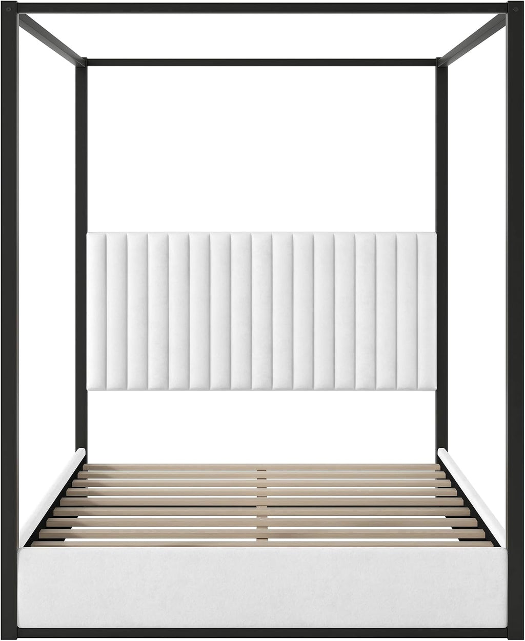 LUMISOL Queen Size Upholstered Canopy Bed, Black 4 Poster Bed with Tall Headboard, Velvet Upholstered Canopy Platform Bed with Wood Slats Support, No Box Spring Needed, Black + White