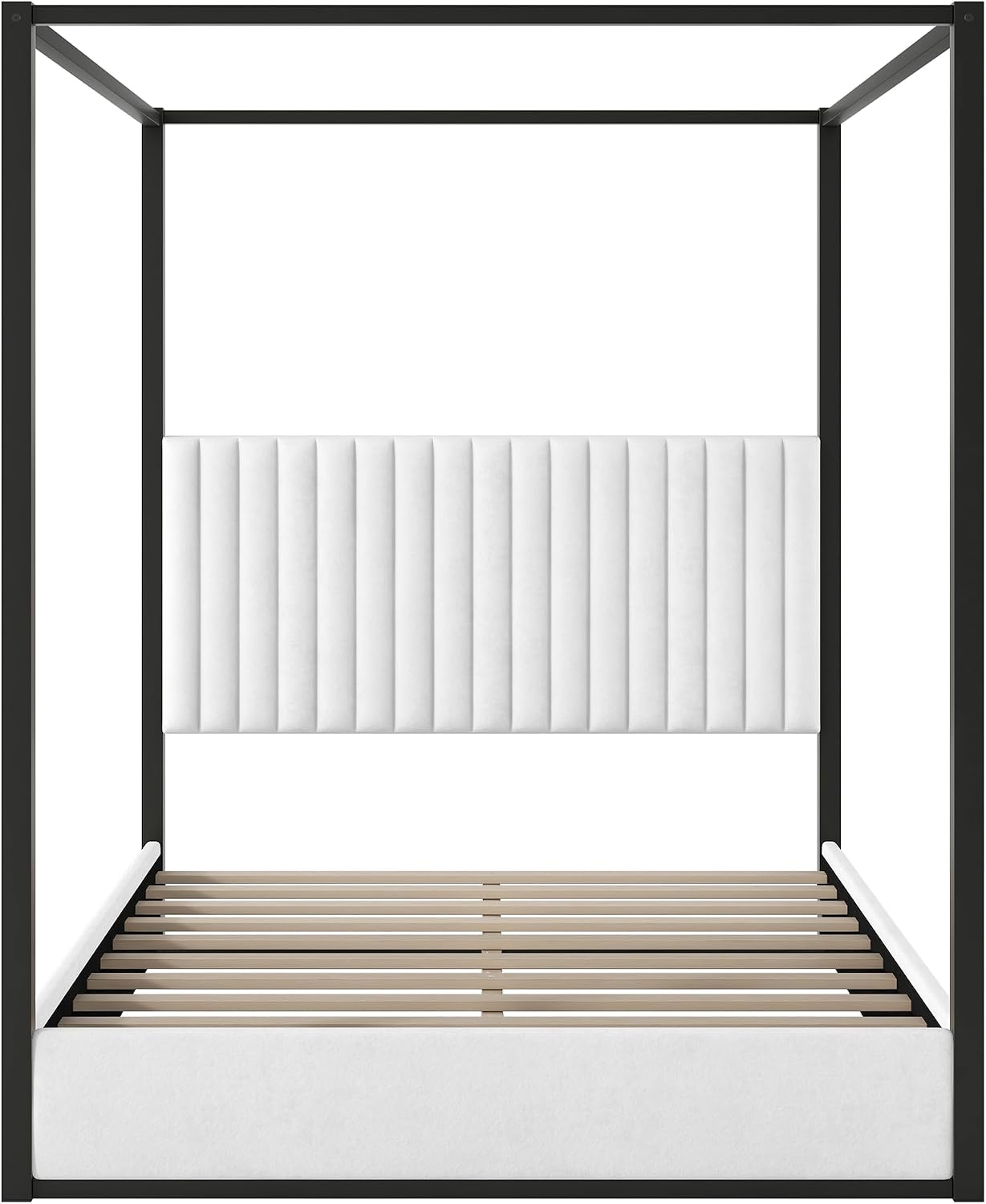LUMISOL Queen Size Upholstered Canopy Bed, Black 4 Poster Bed with Tall Headboard, Velvet Upholstered Canopy Platform Bed with Wood Slats Support, No Box Spring Needed, Black + White
