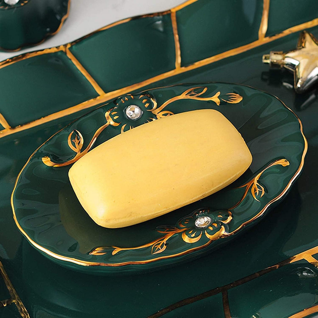 Vanity Bathroom Decor, Bathroom Accessory Set Dark Green Luxurious Embossed Pattern Ceramics Bath Set for Housewarming Gift Housewarming Gift(5-Piece Set)