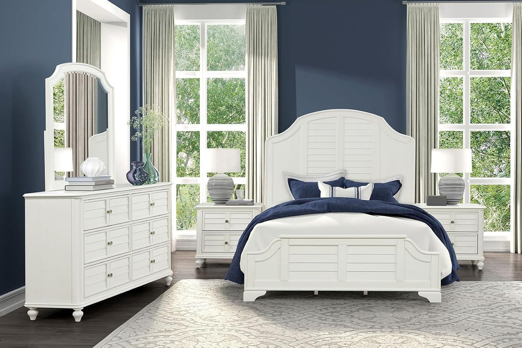 MASARA 3-Piece Transitional Coastal Bedroom Set, Antique White Rubberwood with Louvered Headboard, Queen or King Size with 2 Nightstands (Queen)