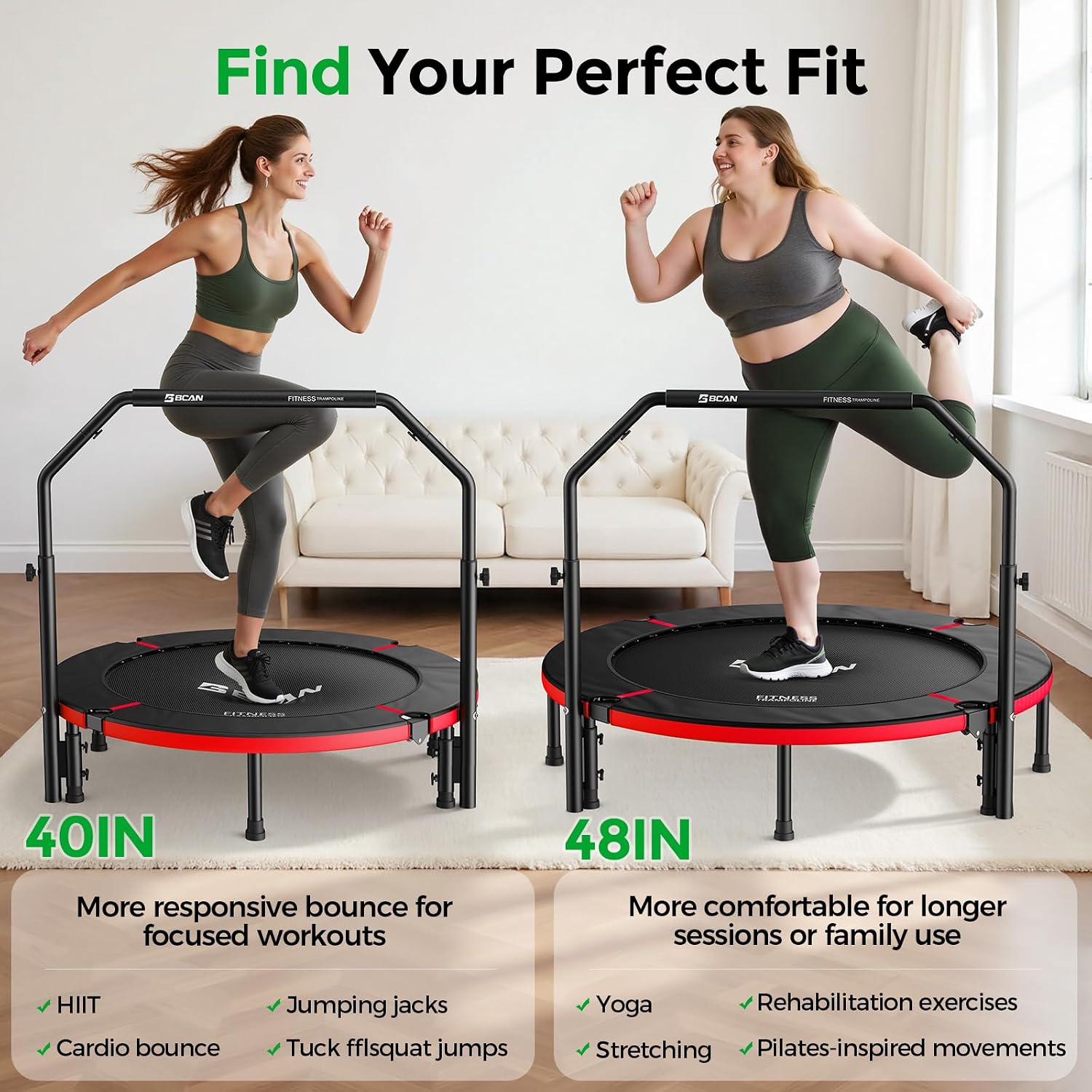 BCAN SP2 40/48' Foldable Mini Trampoline Max Load 330lbs/440lbs, Fitness Rebounder with Adjustable Foam Handle, Exercise Trampoline for Adults Indoor/Garden Workout | FED Fitness
