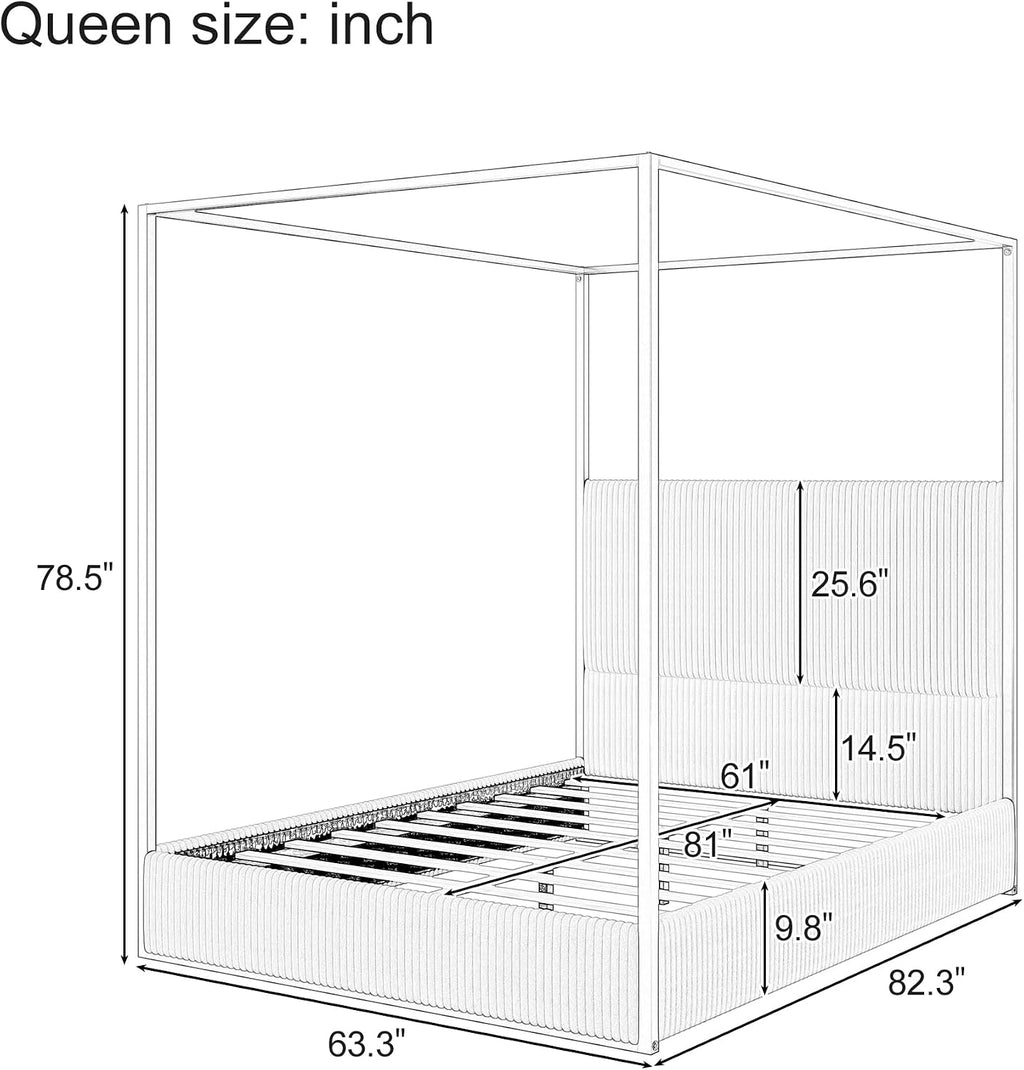 Modern Luxury 4-Poster Canopy Platform Bed Queen Size with Velvet Upholstered Tall Headboard, Metal Canopied Design Platform Bed Frame with Strong Slats Support (White+Black)
