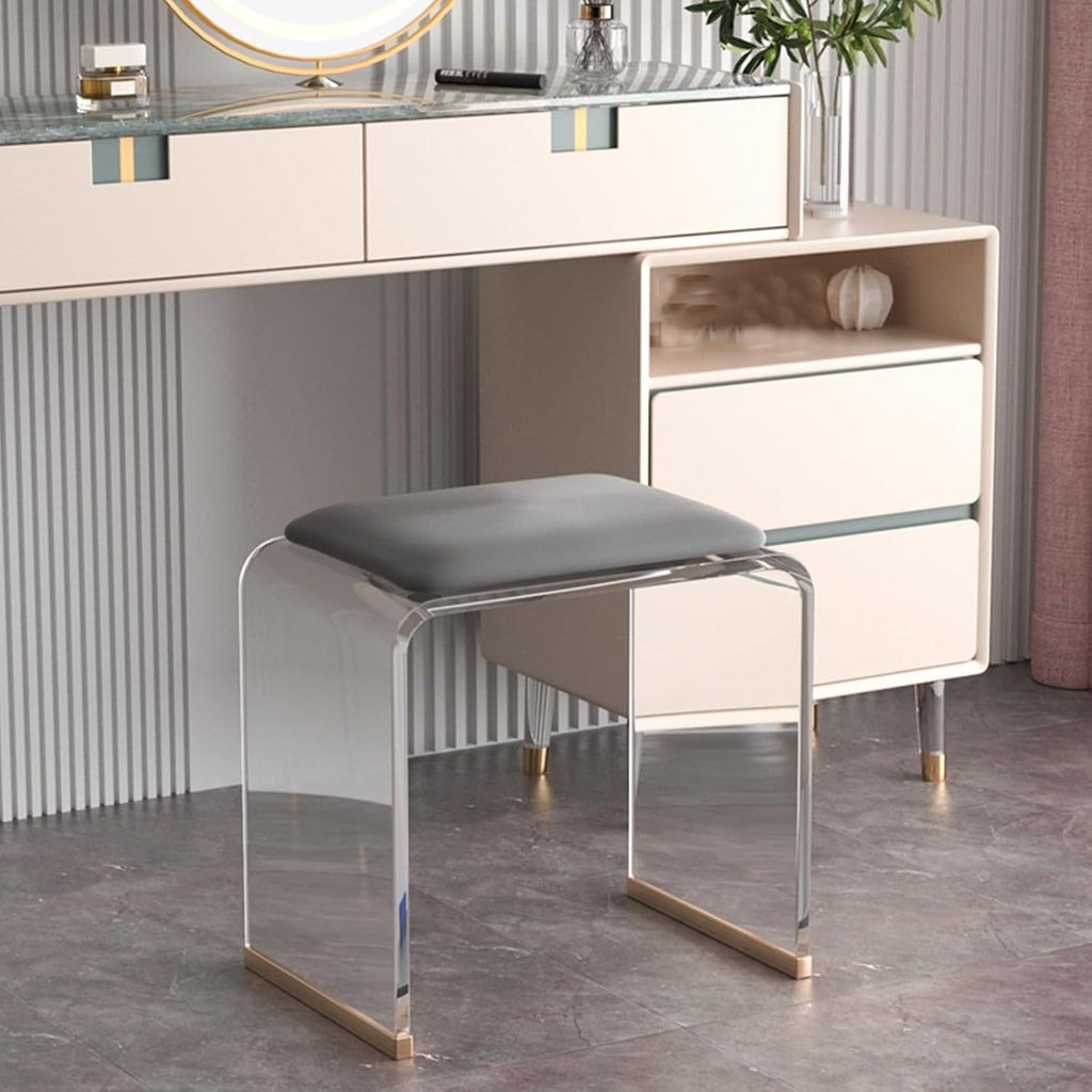 Clear Acrylic Stool with Velvet Cushion, Modern Padded Vanity Dressing Stool, Small Entryway Bench for Bedroom Room Living Room Office, No Assembly Required