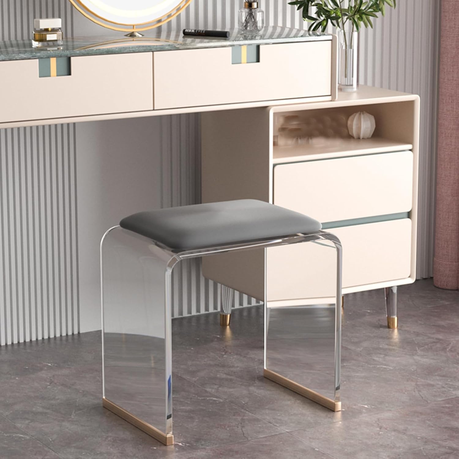 Clear Acrylic Stool with Velvet Cushion, Modern Padded Vanity Dressing Stool, Small Entryway Bench for Bedroom Room Living Room Office, No Assembly Required