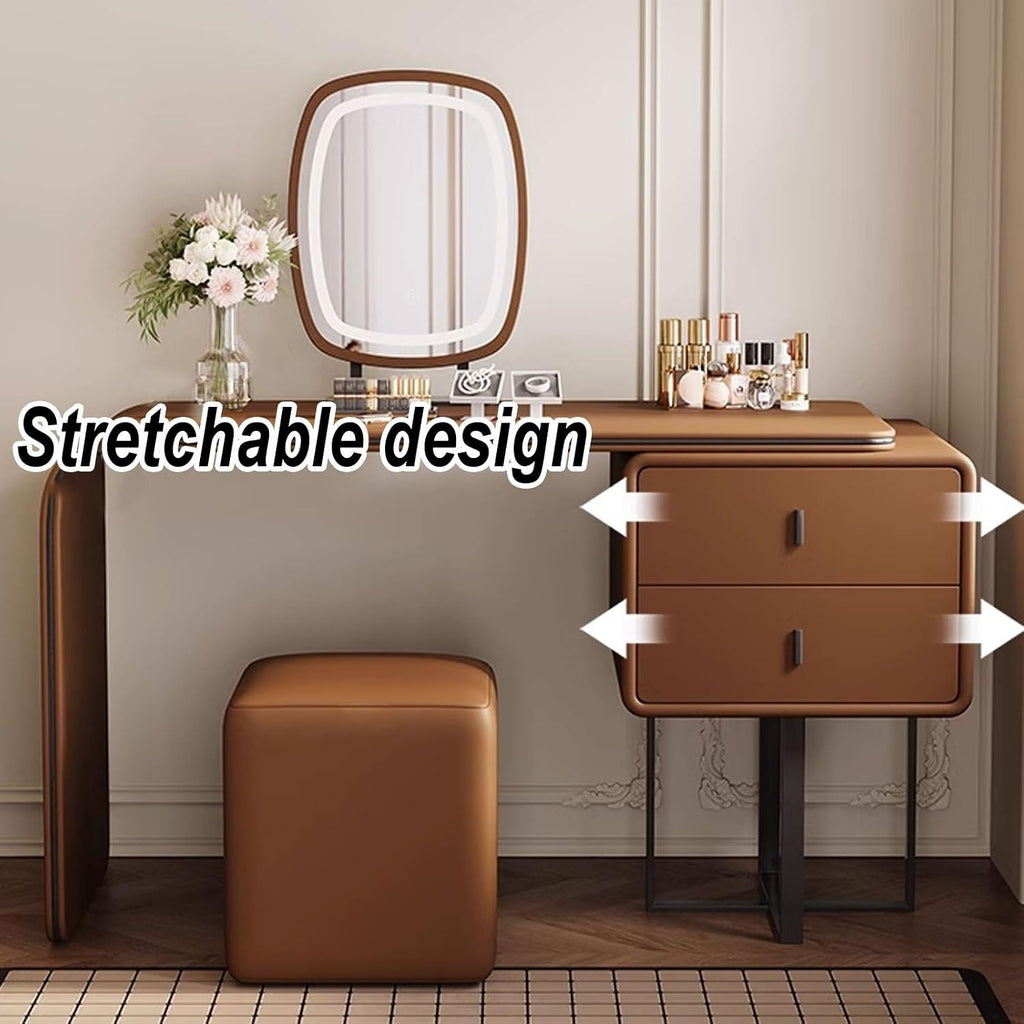 Makeup Table with Lighted Mirror and Chair Mirror 3 Colors Modes Dimming Rounded Corners Telescopic Adjustment Wood Vanity with Cushioned Stool(Gray)