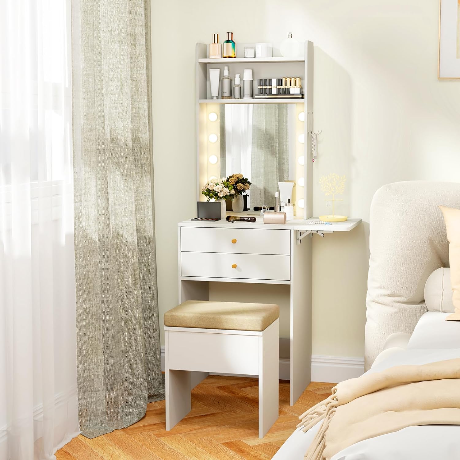 CHARMAID Small Vanity Desk with Mirror and Lights, White Makeup Vanity Table with Storage Bench, Drawers, Shelves, Foldable Side Table, Charging Station, Compact Vanity for Small Bedroom Narrow Space