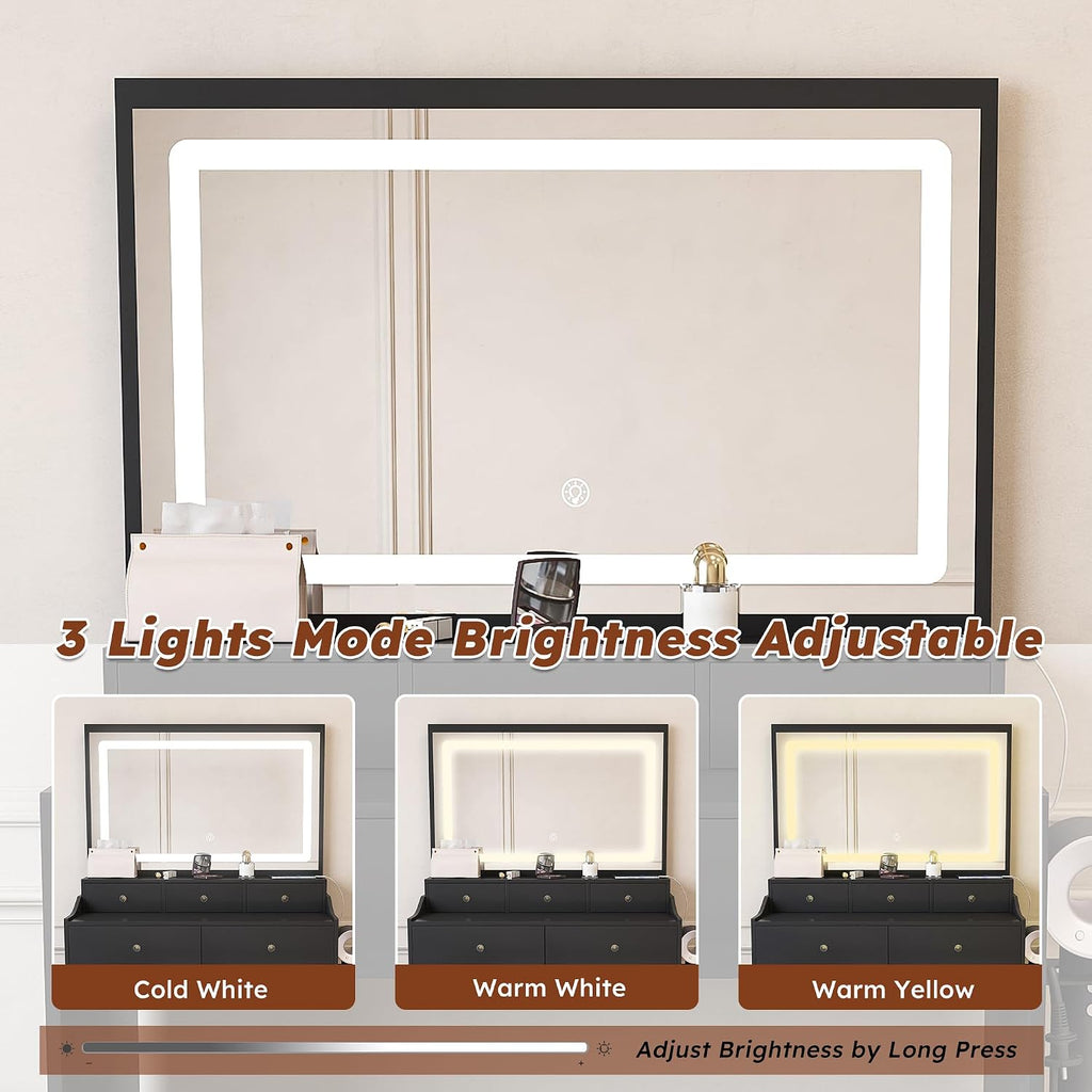 Vanity Desk with Large Mirror and Stool, Makeup Table with LED Lighted - 3 Color Models, Makeup Desk with 5 Drawers & Power Outlet, Dressing Makeup Table for Women Girls Bedroom, Black