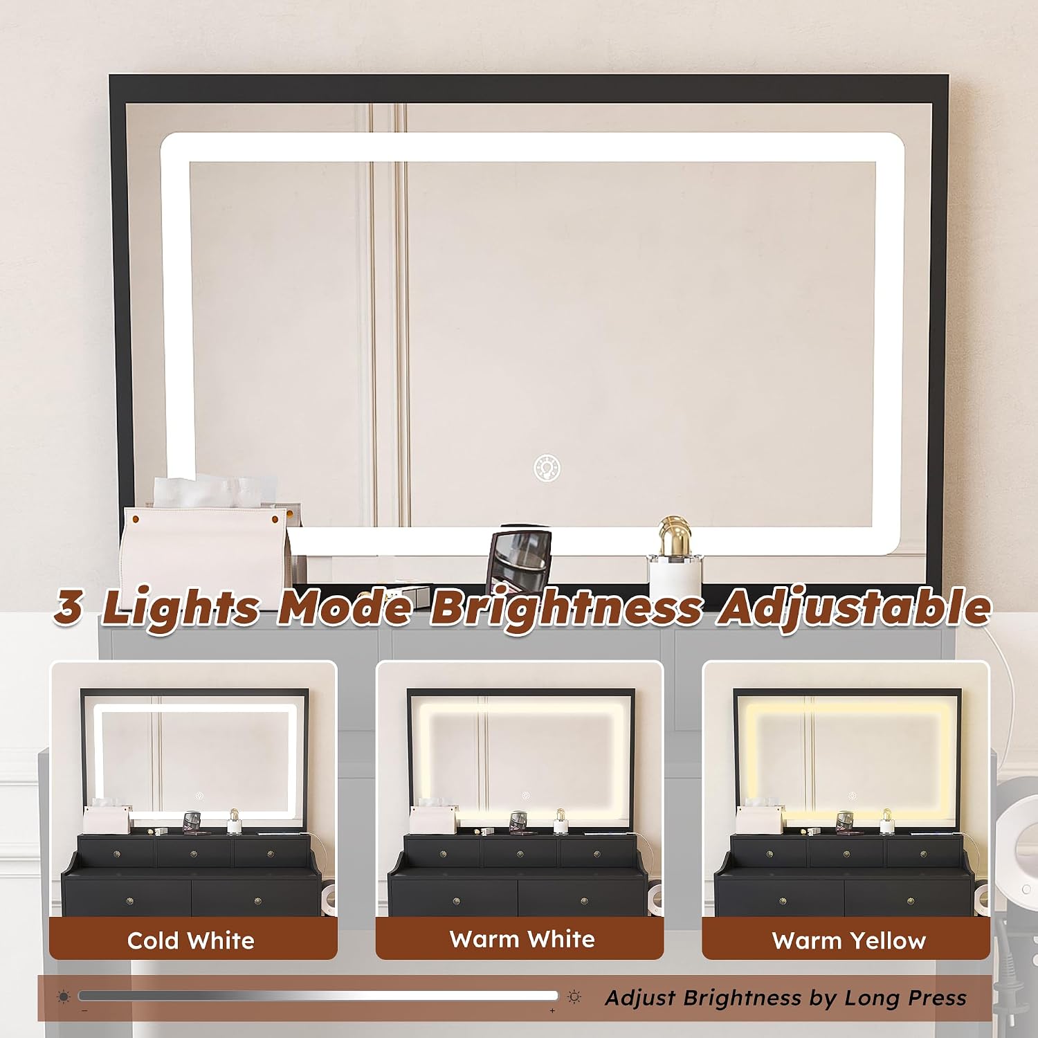 Vanity Desk with Large Mirror and Stool, Makeup Table with LED Lighted - 3 Color Models, Makeup Desk with 5 Drawers & Power Outlet, Dressing Makeup Table for Women Girls Bedroom, Black