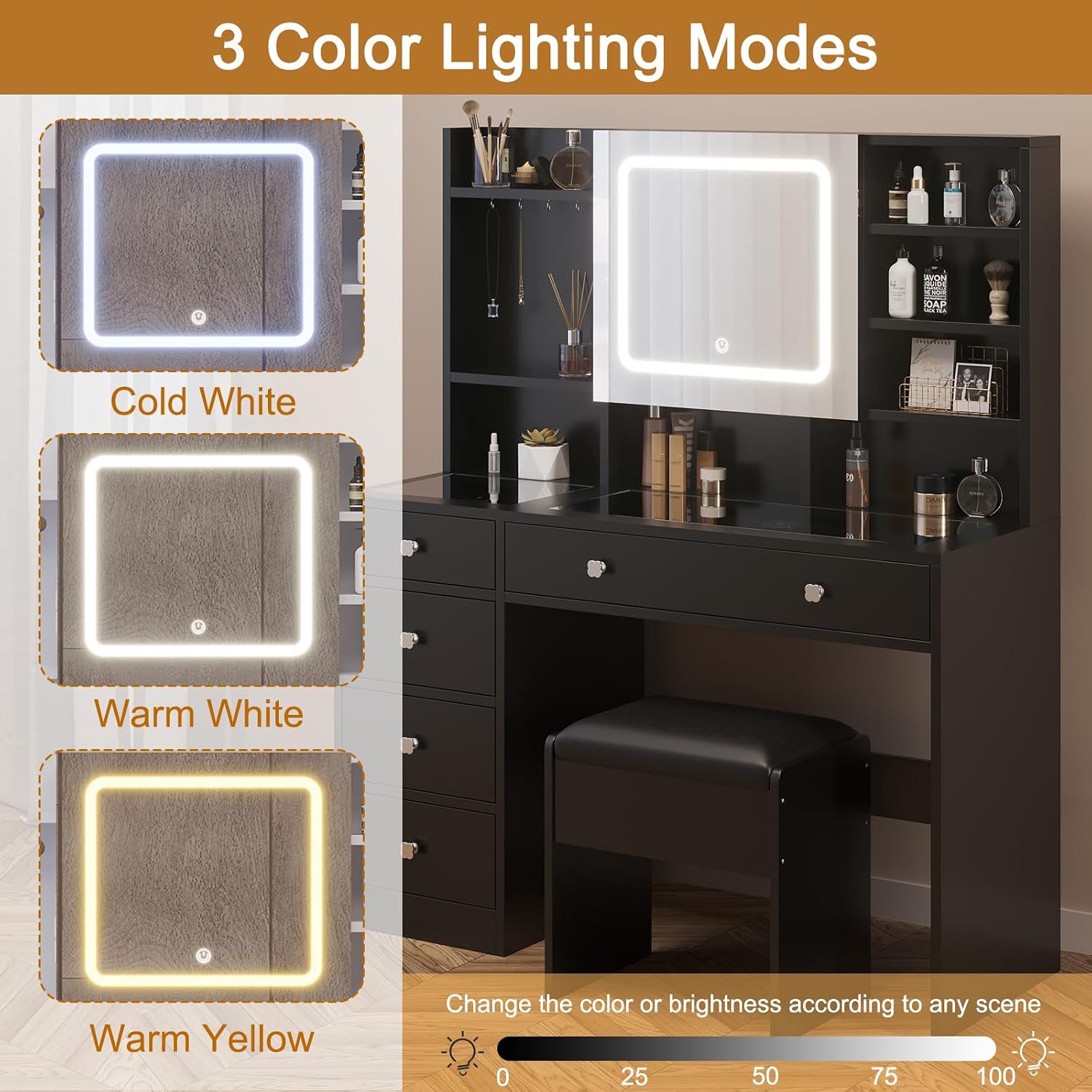 Karl home Makeup Vanity with Lighted Mirror Bedroom Vanity Desk with Charging Station Large Vanity Set with Transparent Desk, Drawers, Cabinet, Shelves for Storage in Bedroom, Black