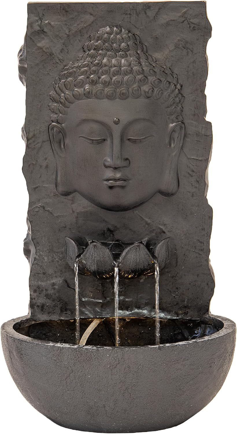 XBrand 30' H Buddha Water Fountain, Zen Wall Outdoor Garden Fountain w/Warm LED Light & Pump, Black Resin Water Fountain for Patio Backyard Home Decor