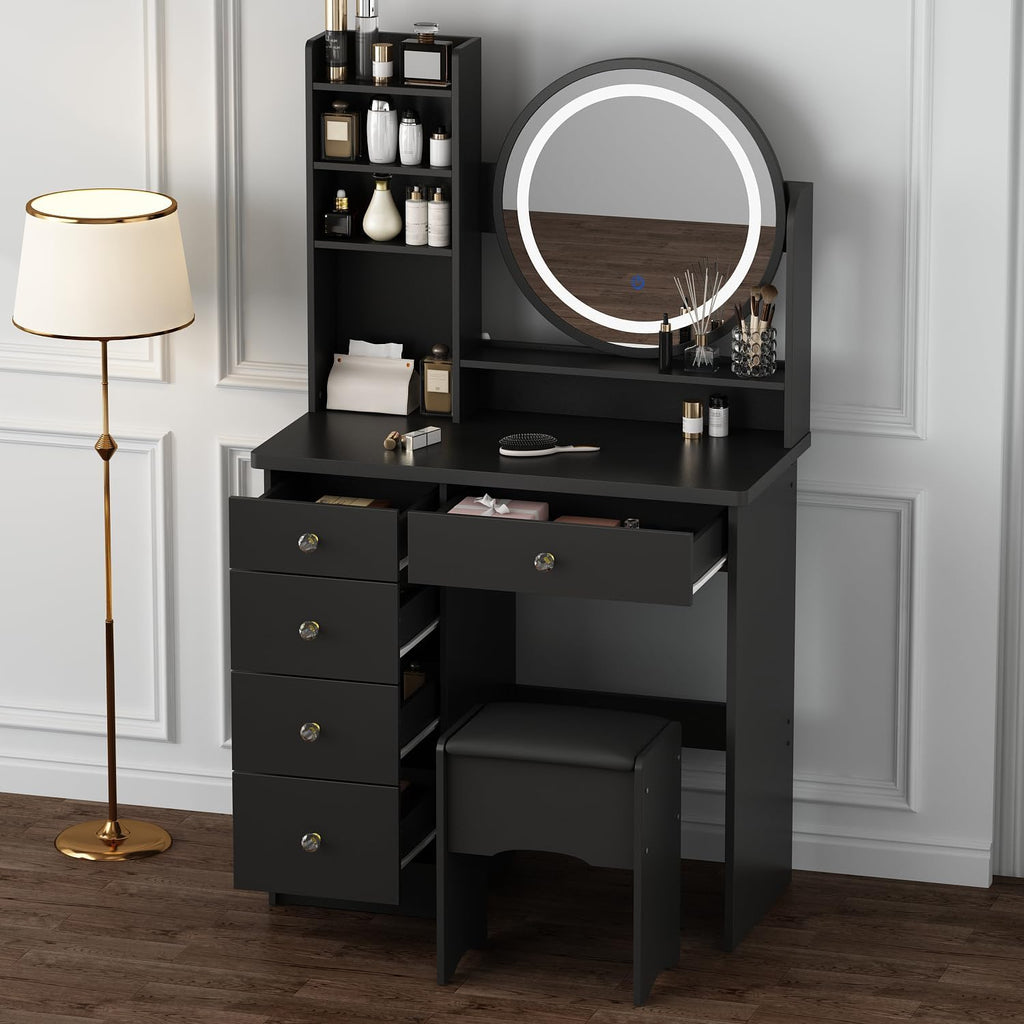 Vanity with Chair, Dressing Table with Lighted Round Mirror, 5 Drawers and Shelves, Makeup Vanity Set with Storage for Bedroom, Crystal Knobs, Black, 15.7' D x 31.5' W x 53.1' H
