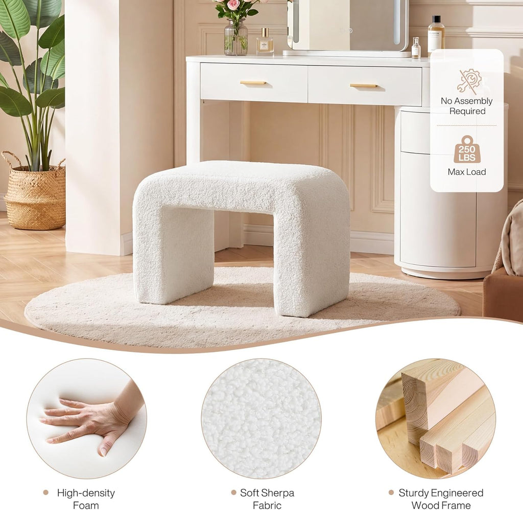 Tribesigns 2-Pack Vanity Ottoman Stool, Modern Foot Rest for Couch, Large Sherpa Upholstered Foot Stool Ottoman, Shoe Bench for Entryway, Extra Seating for Living Room, Bedroom, No Assembly, White