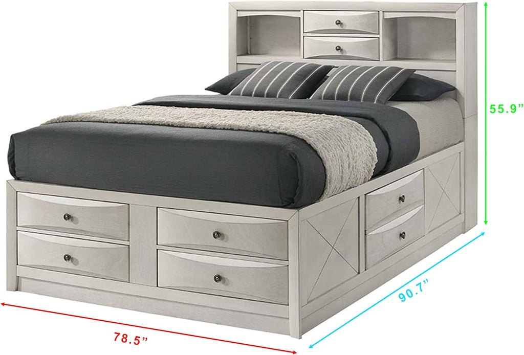 3pc Antique White Finish Bedroom Set Solid Wood Platform King Size Captain's Bed Wooden Furniture