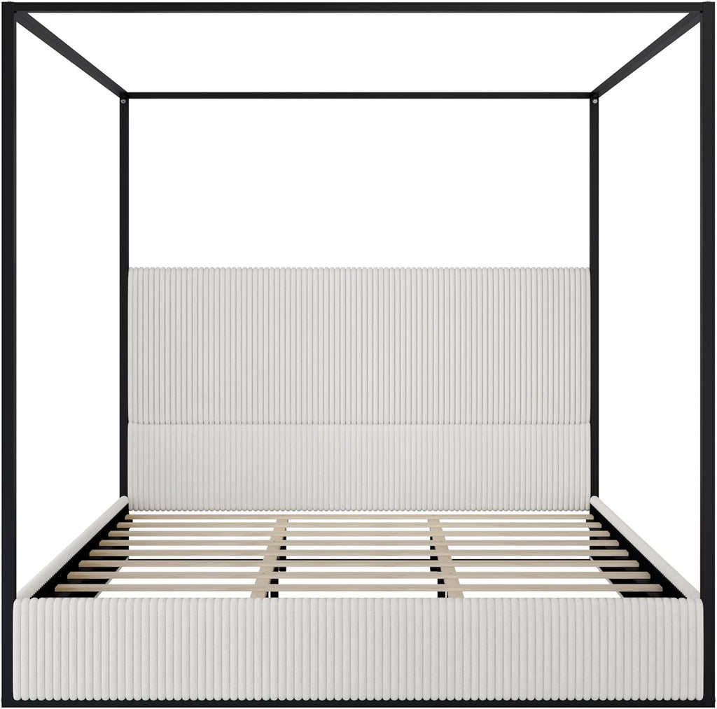 Modern Luxury 4-Poster Canopy Platform Bed King Size with Velvet Upholstered Tall Headboard, Metal Canopied Design Platform Bed Frame with Strong Slats Support (White+Black+King)